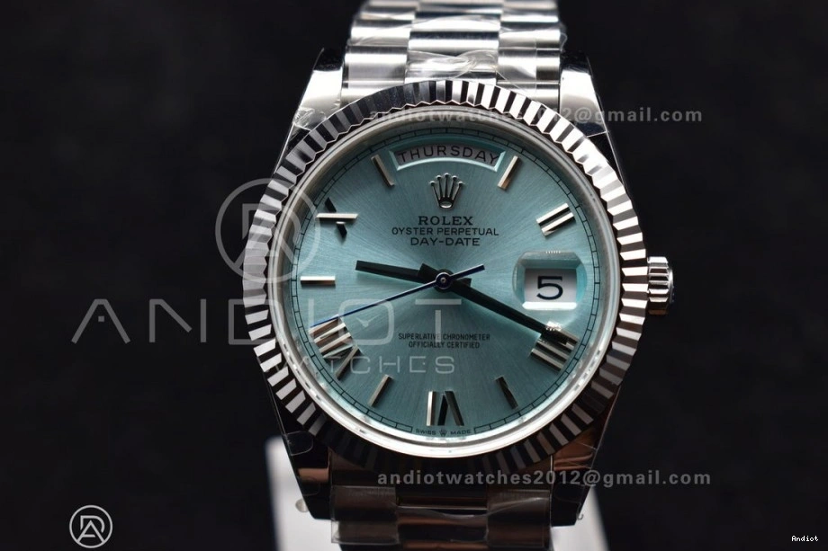 904L 40 Iced Roman Markers On Dial President Steel SS DayDate GMF Bracelet Blue A3255 V2 0123